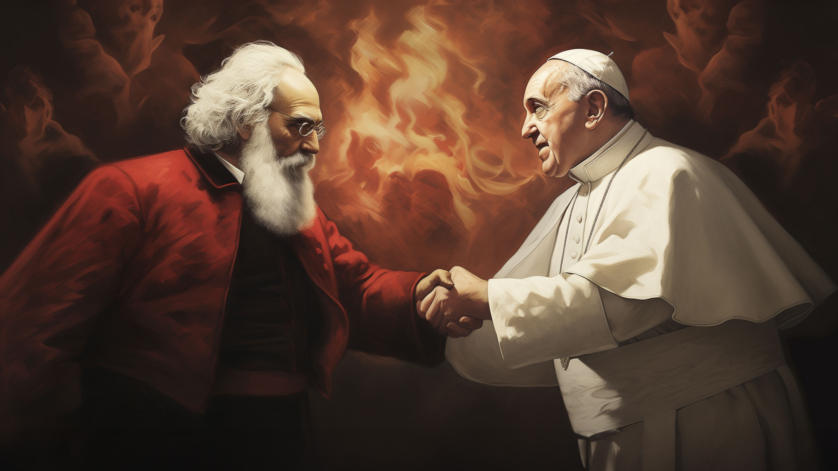 Karl Marx und Papst schütteln die Hand